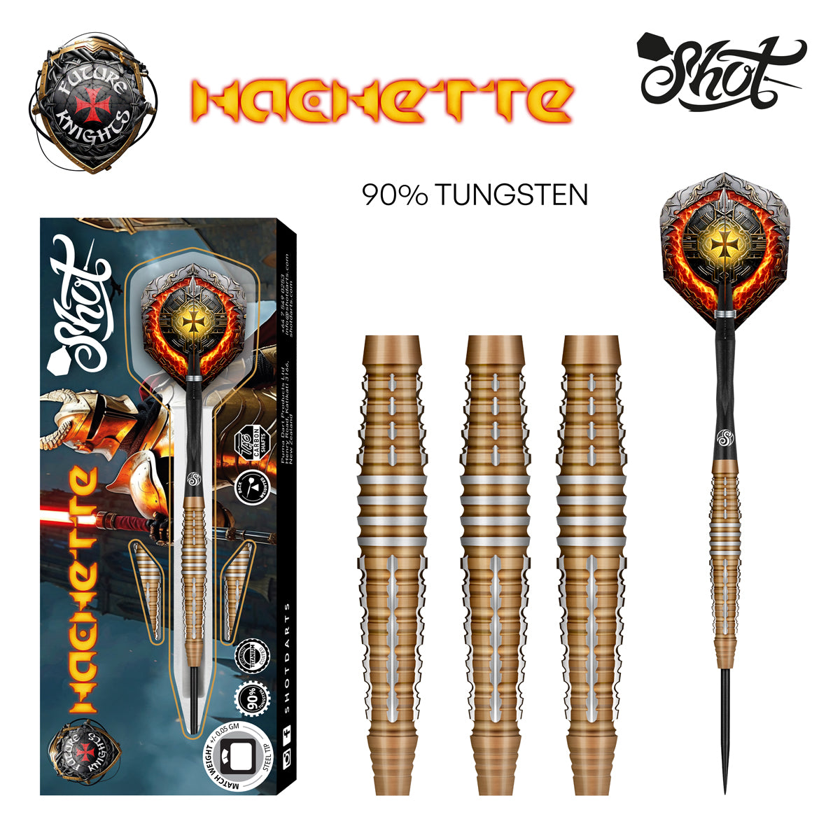 Future Knights Hachette Steel Tip Darts main product image showing the darts, packaging, flights, shafts, and included accessories