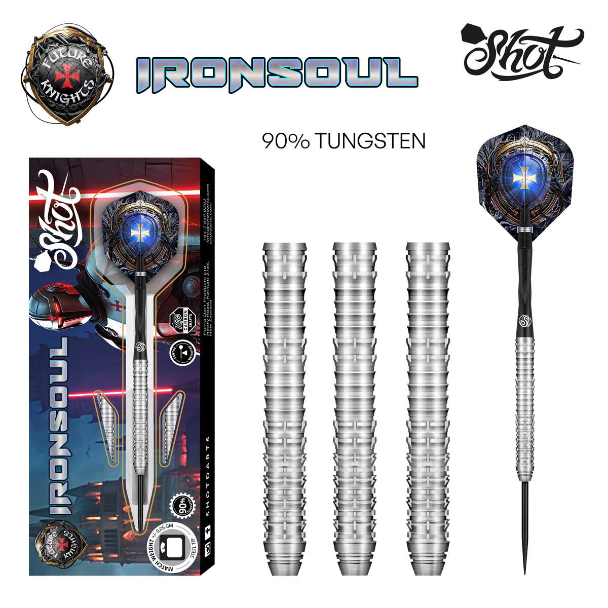 Future Knights Ironsoul Steel Tip Darts main product image showing the darts, packaging, flights, shafts, and included accessories