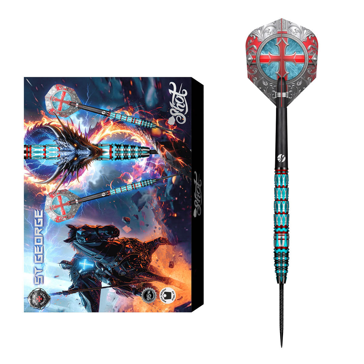 Future Knights St George Steel Tip Darts packaging image showing the retail presentation box and Shot branding