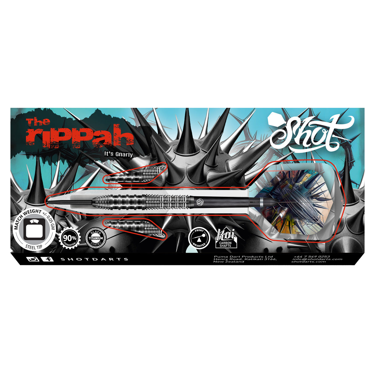 Gnarly Rippah Steel Tip Darts packaging image showing the retail presentation box and Shot branding