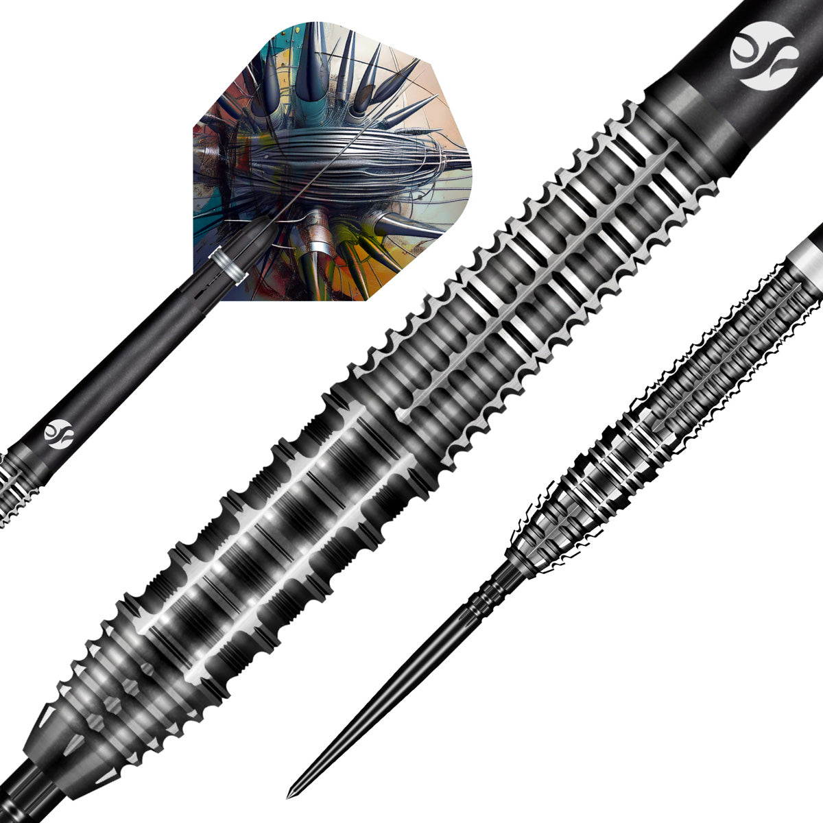 Close up image of the Shot Gnarly Rippah Turbo Point 90% Tungsten Steel Tip Darts barrels highlighting the grip and machining