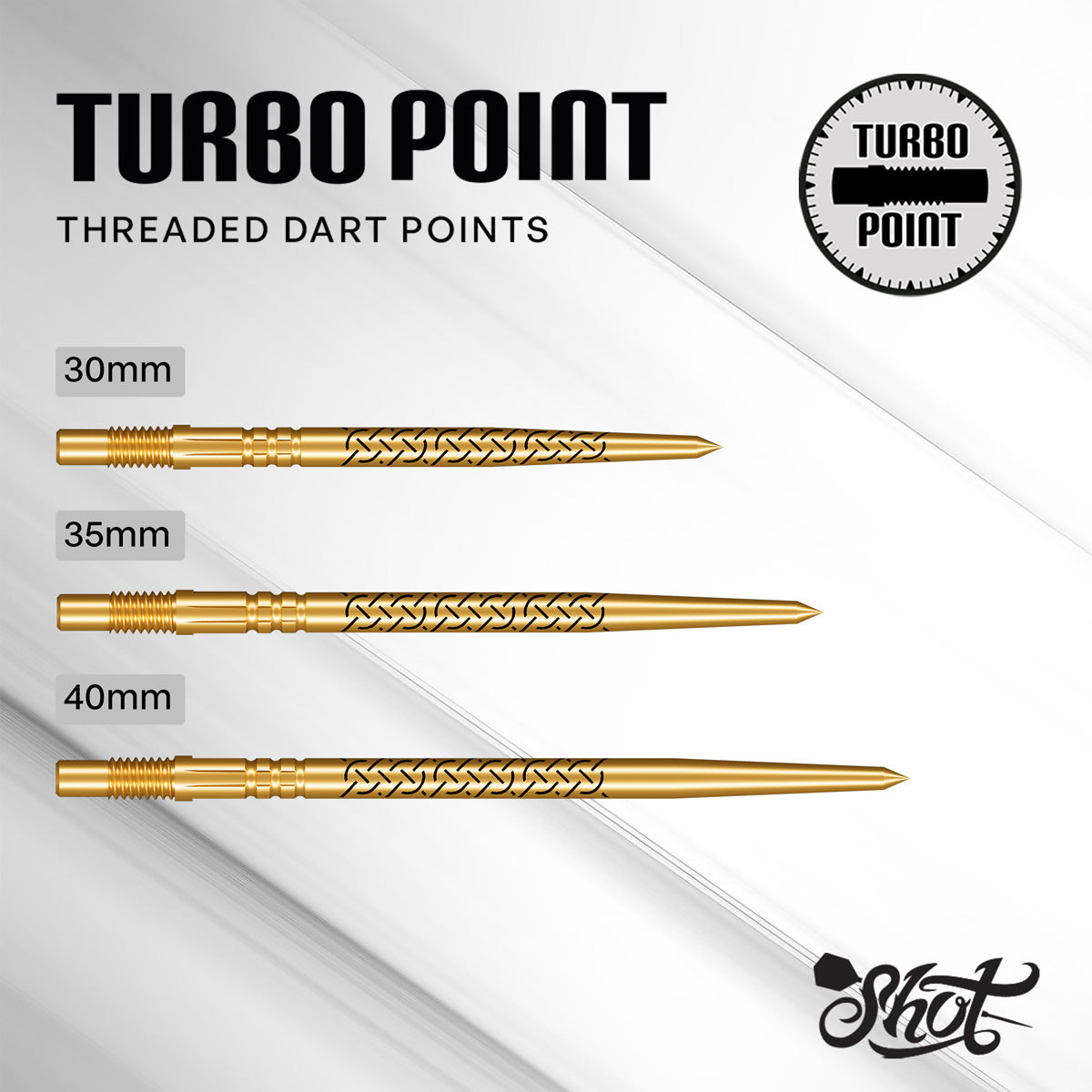 Size guide showing the available lengths and dimensions for the Shot Kapene Gold Ti Turbo Points