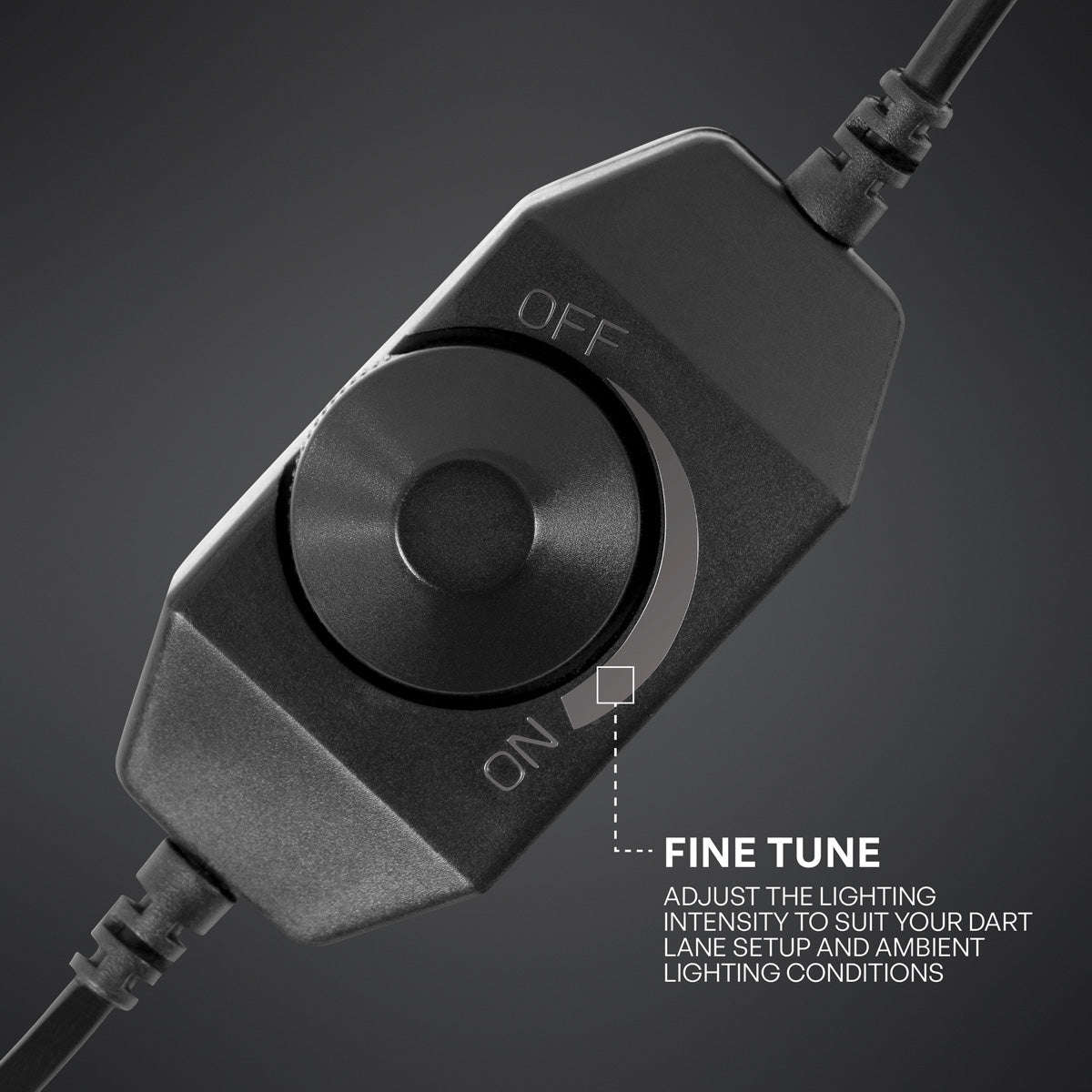Shot Lumen Core Dartboard Lighting System product image showing the lighting system adjustor and how to adjust it