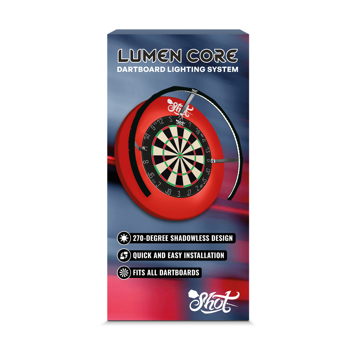 Shot Lumen Core Dartboard Lighting System outer box image showing the retail packaging and branding
