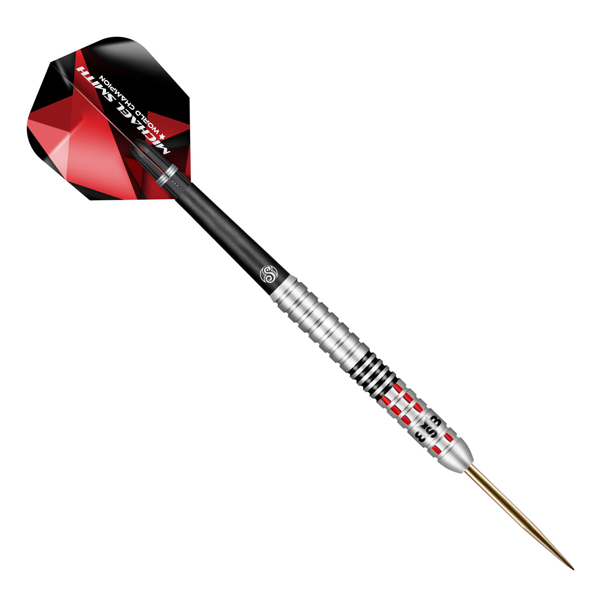 Michael Smith Achieve Steel Tip Darts angled product image displaying the barrel profile, grip layout, and design features