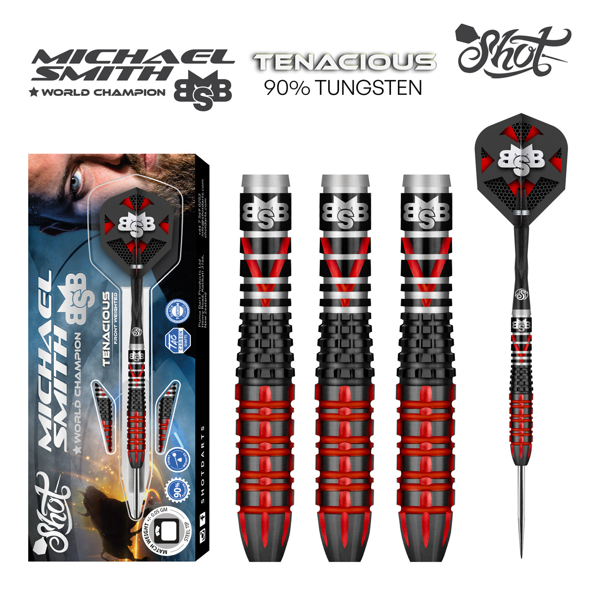 Michael Smith Tenacious Steel Tip Darts main product image showing the darts, packaging, flights, shafts, and included accessories