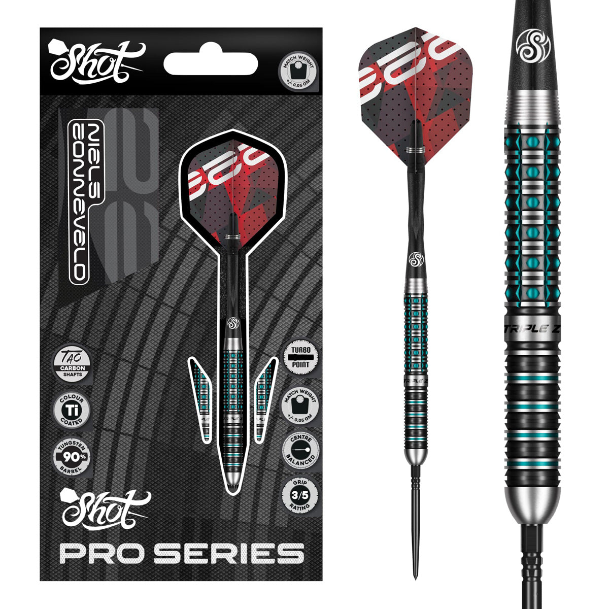 Image of the Shot Niels Zonneveld Turbo Point 90% Tungsten Steel Tip Darts displayed for retail sale with product packaging