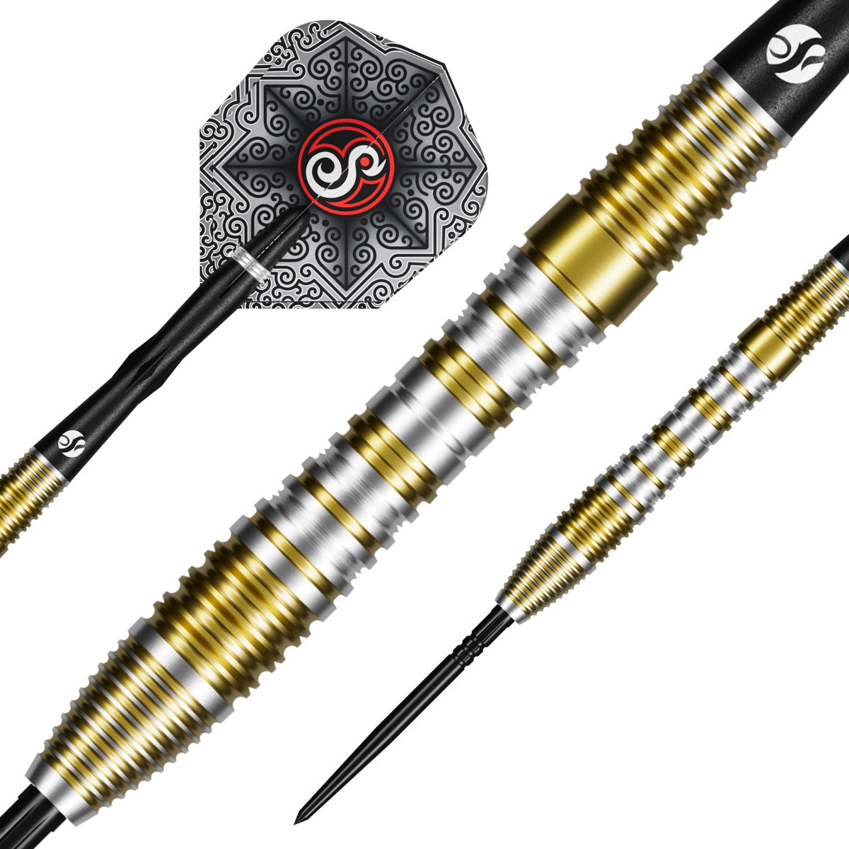 Close up image of the Shot Pro Series Alexander Merkx Turbo Point 90% Tungsten Steel Tip Darts barrels highlighting the grip and machining