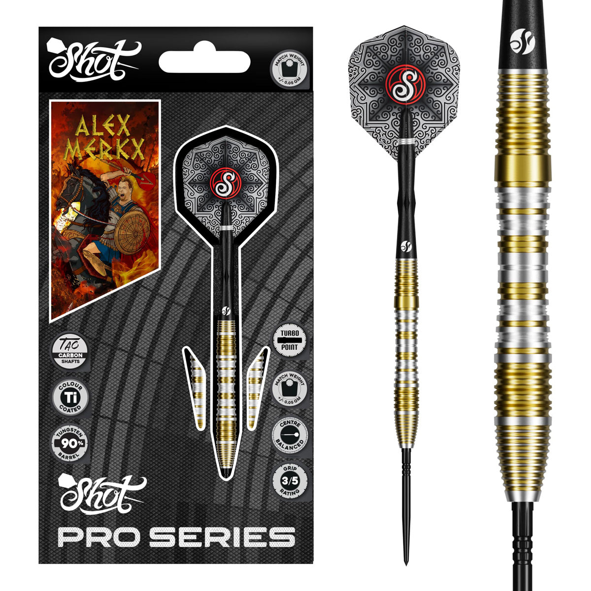 Image of the Shot Pro Series Alexander Merkx Turbo Point 90% Tungsten Steel Tip Darts displayed for retail sale with product packaging