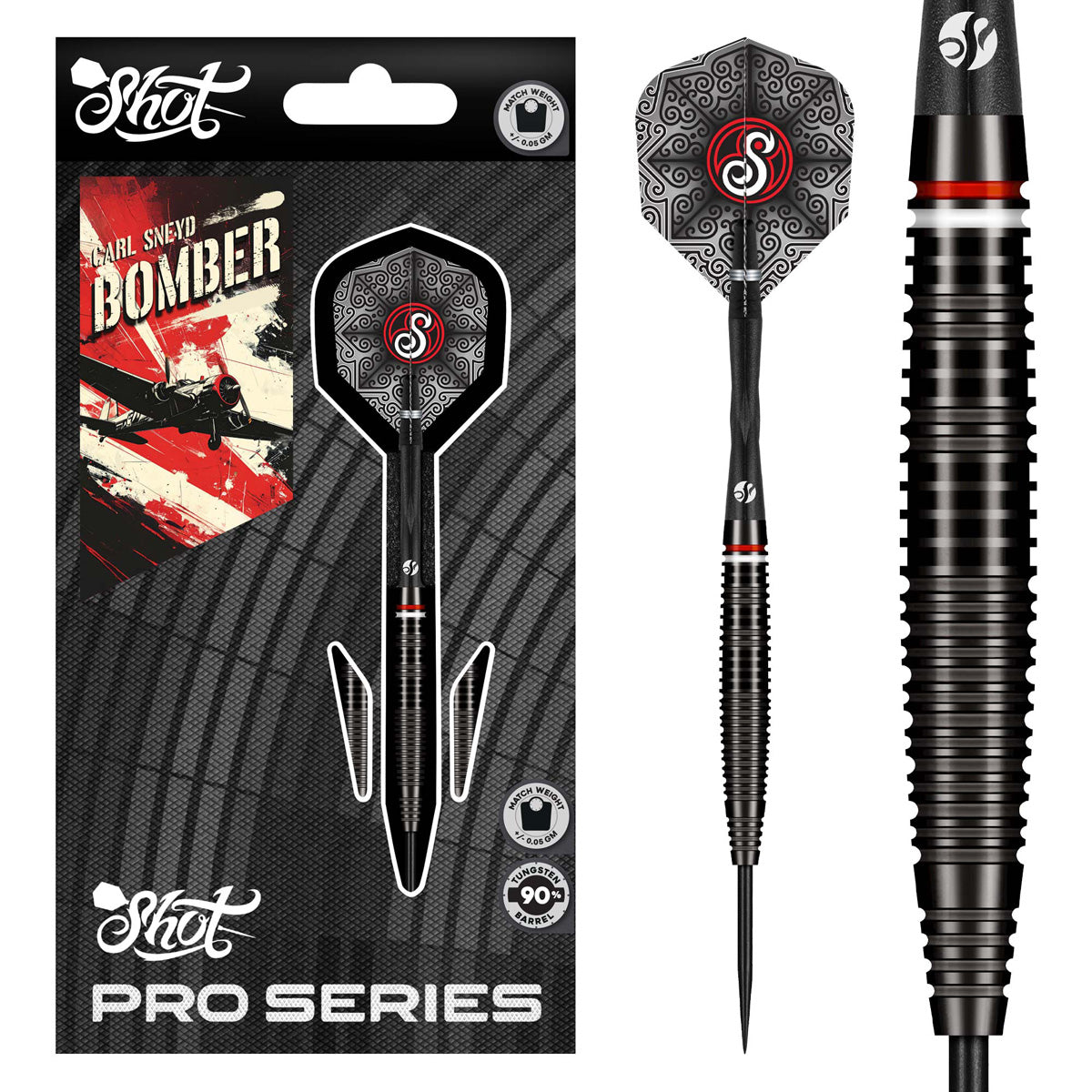 Pro Series Carl Sneyd Steel Tip Darts main product image showing the darts, packaging, flights, shafts, and included accessories