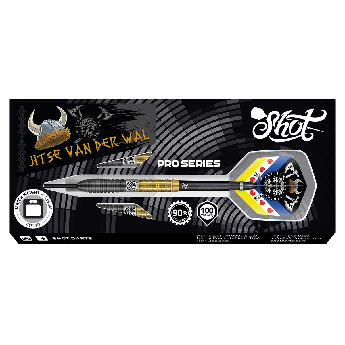 Pro Series Jitse van der Wal Steel Tip Darts packaging image showing the retail presentation box and Shot branding