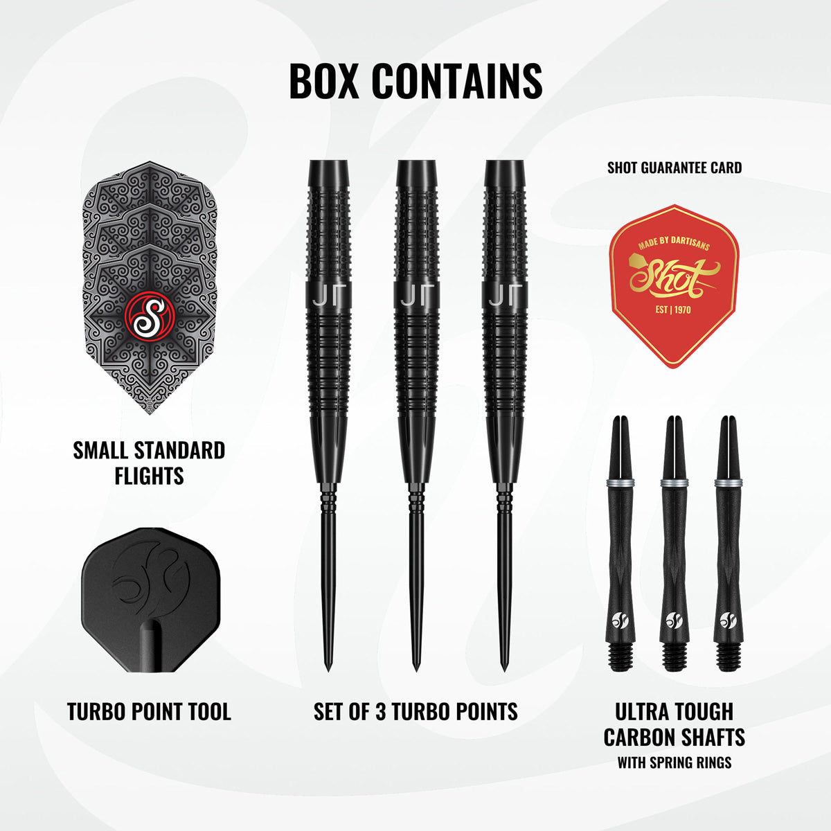 Image showing the contents included with the Shot Pro Series Jonny Tata Turbo Point 90% Tungsten Steel Tip Darts