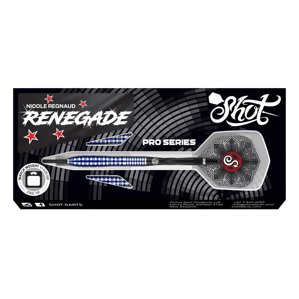 Pro Series Nicole Regnaud Steel Tip Darts packaging image showing the retail presentation box and Shot branding