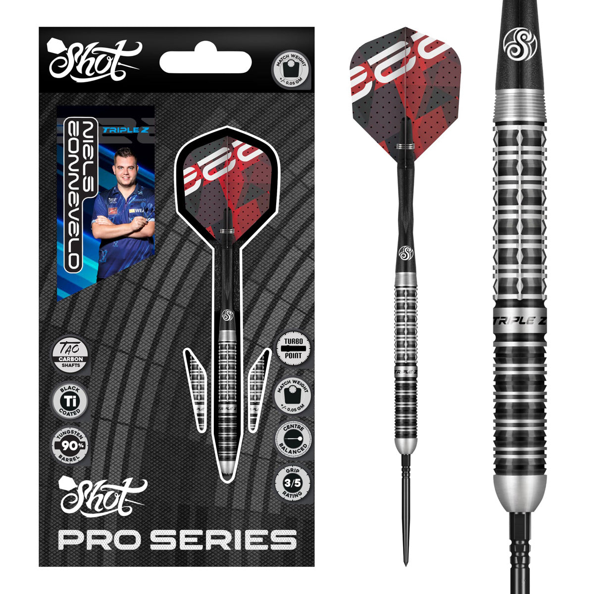 Image of the Shot Pro Series Niels Zonneveld 2.0 Turbo Point 90% Tungsten Steel Tip Darts displayed for retail sale with product packaging