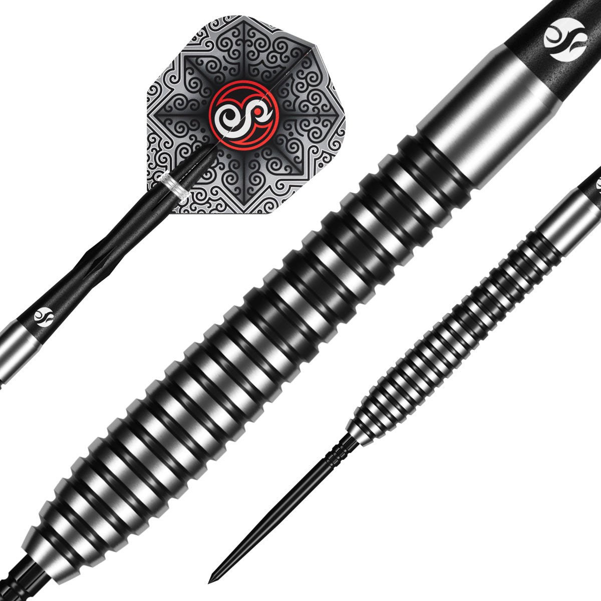 Close up image of the Shot Pro Series Raymond Smith Guru Turbo Point 90% Tungsten Steel Tip Darts barrels highlighting the grip and machining