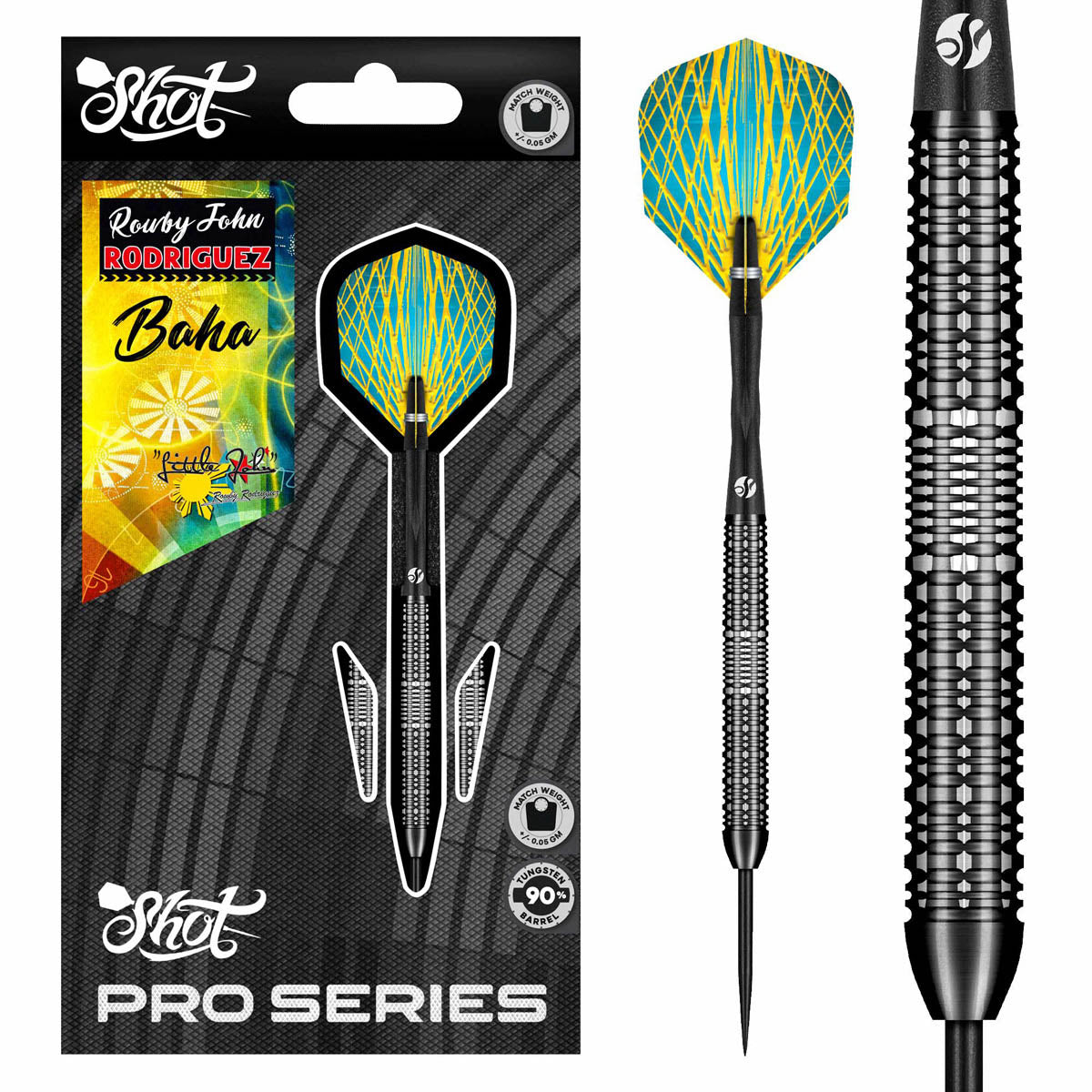 Pro Series Rowby John Rodriguez Baha Steel Tip Darts main product image showing the darts, packaging, flights, shafts, and included accessories