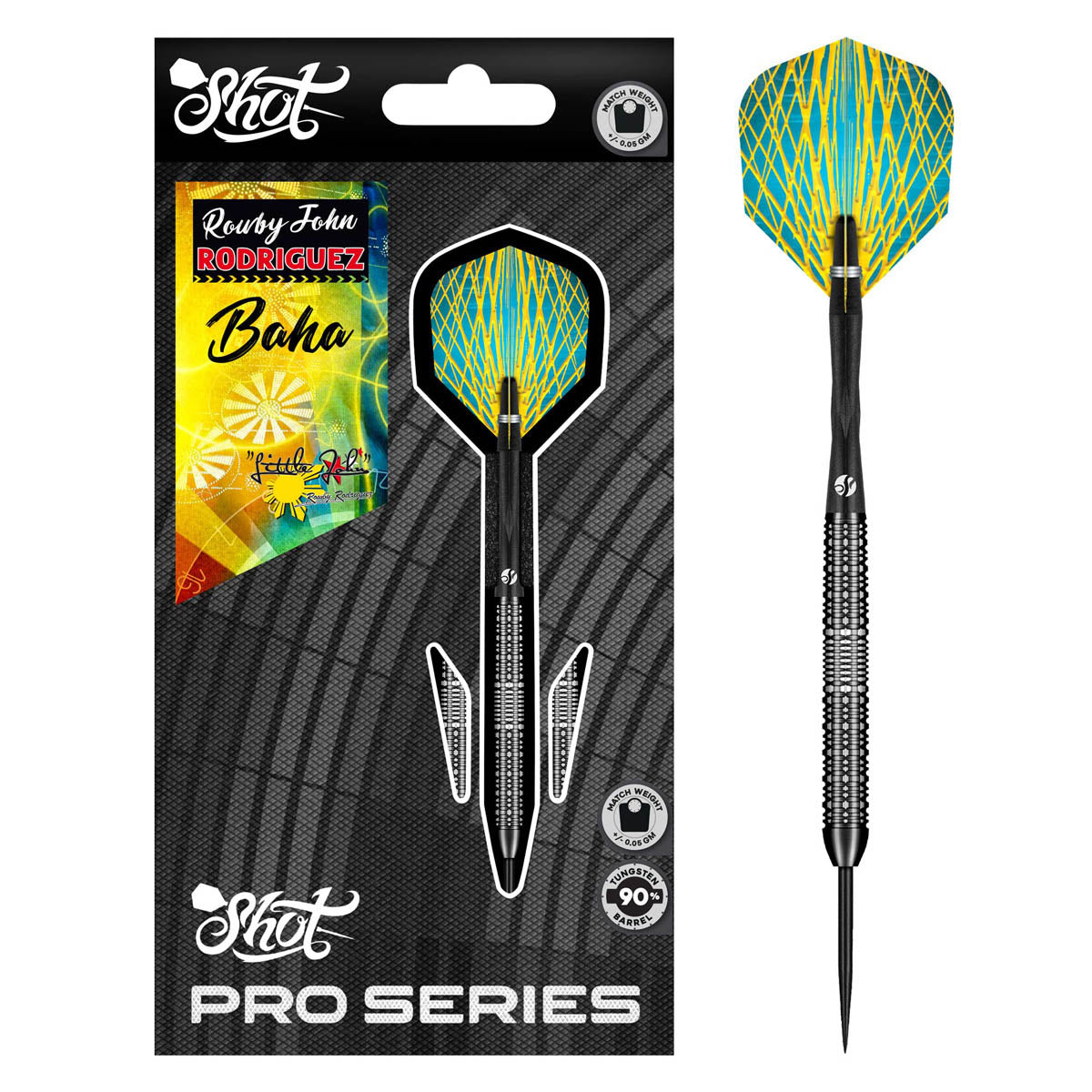 Pro Series Rowby John Rodriguez Baha Steel Tip Darts packaging exterior image showing the outer box artwork, branding, and presentation design