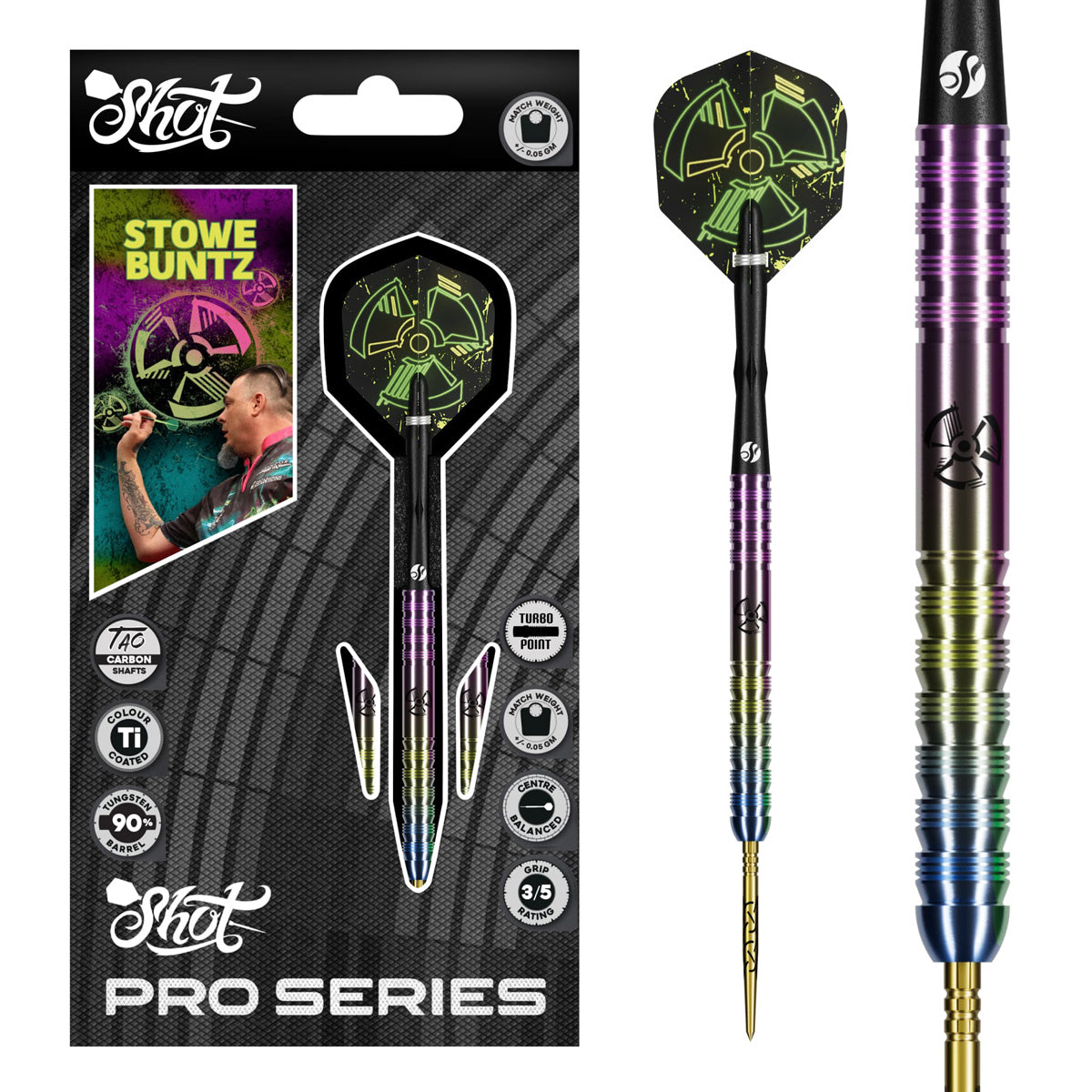Image of the Shot Pro Series Stowe Buntz 3.0 Turbo Point 90% Tungsten Steel Tip Darts displayed for retail sale with product packaging