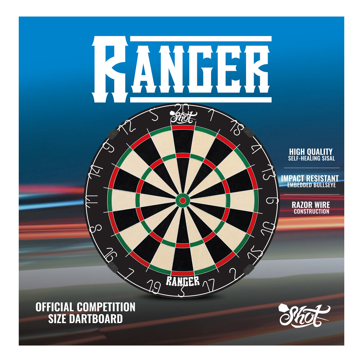 Shot Ranger Bristle Dartboard outer box image showing the retail packaging and branding