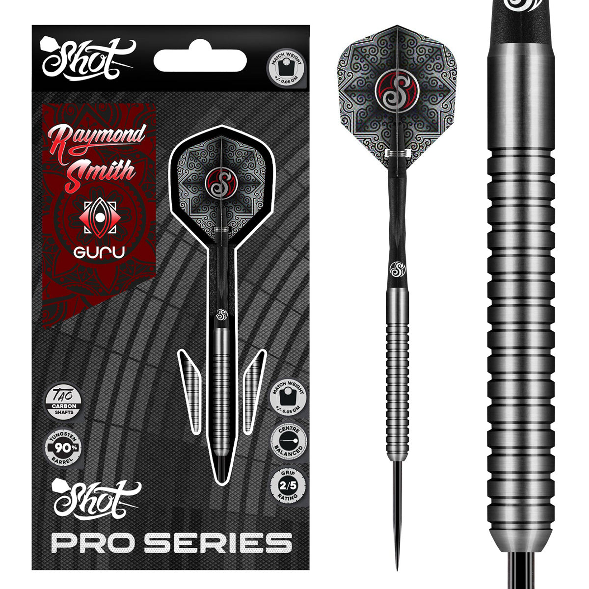 Raymond Smith Steel Tip Darts main product image showing the darts, packaging, flights, shafts, and included accessories