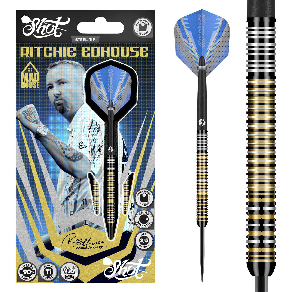 Ritchie Edhouse Madhouse Steel Tip Darts main product image showing the darts, packaging, flights, shafts, and included accessories