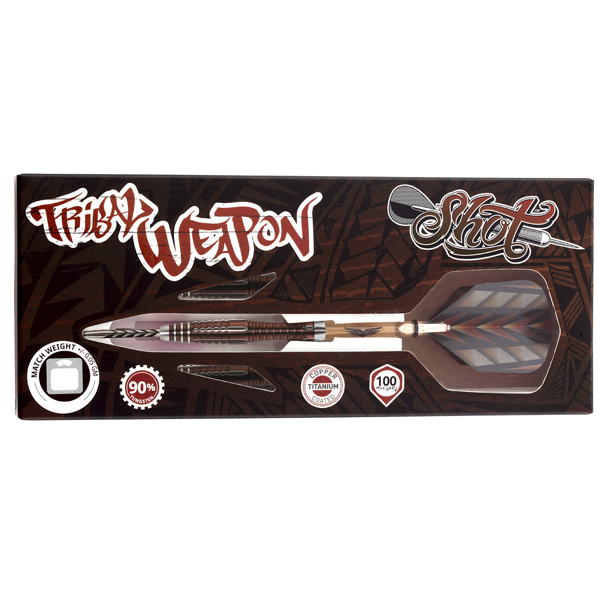 Tribal Weapon 1 Series Steel Tip Darts packaging image showing the retail presentation box and Shot branding