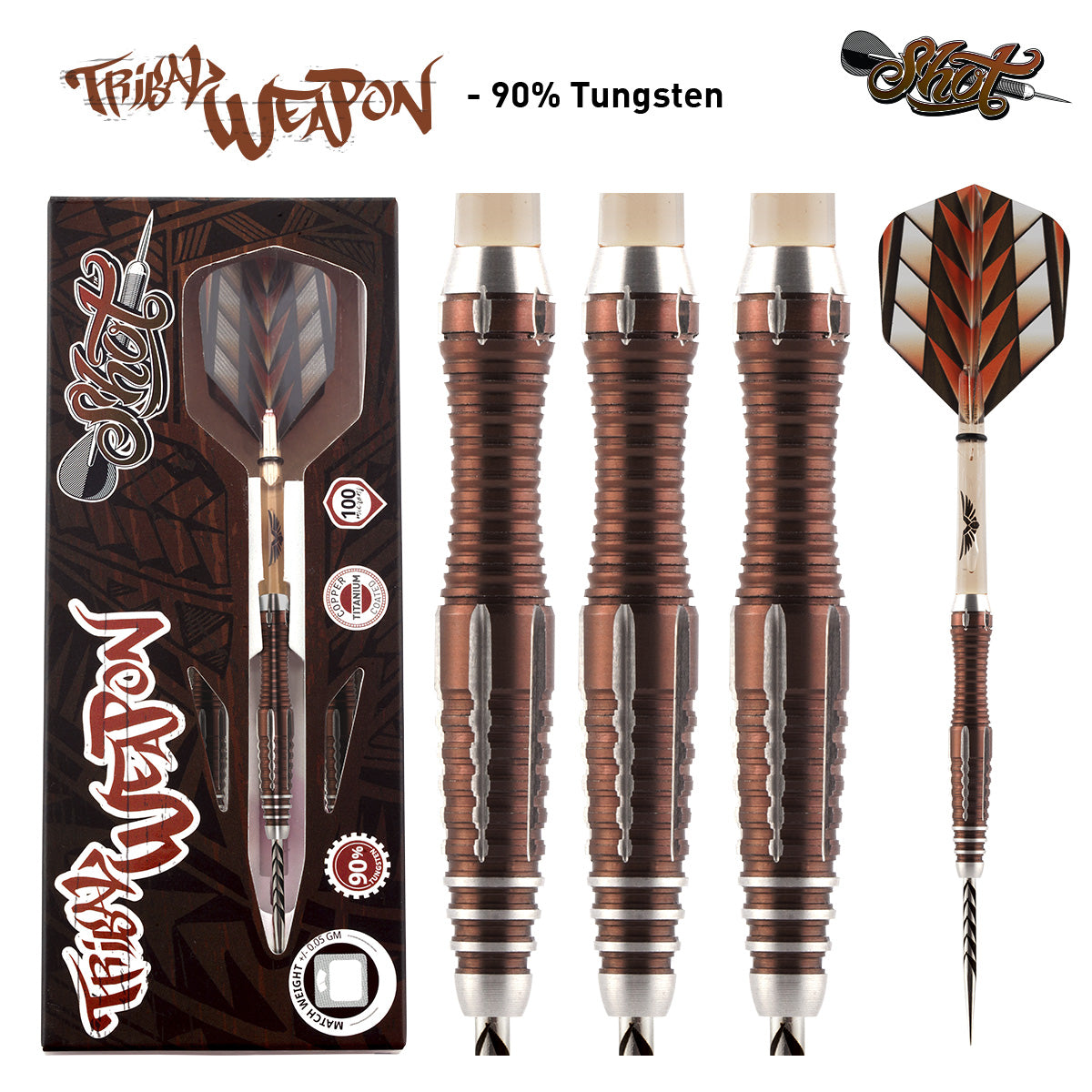 Tribal Weapon 1 Series Steel Tip Darts main product image showing the darts, packaging, flights, shafts, and included accessories