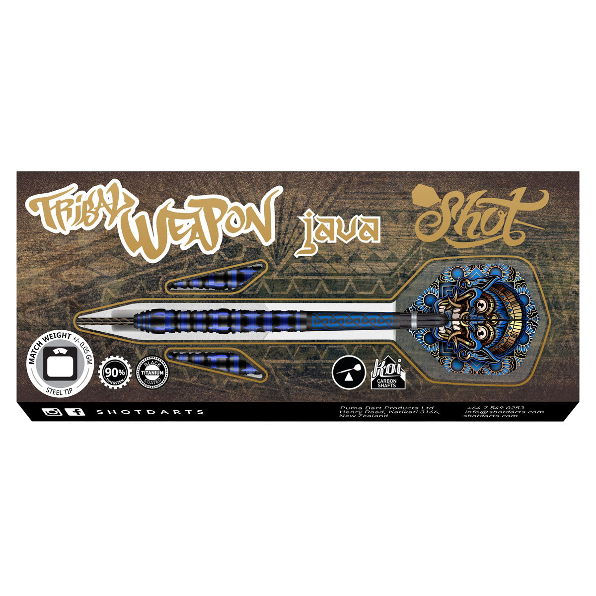 Tribal Weapon Java Steel Tip Darts packaging image showing the retail presentation box and Shot branding