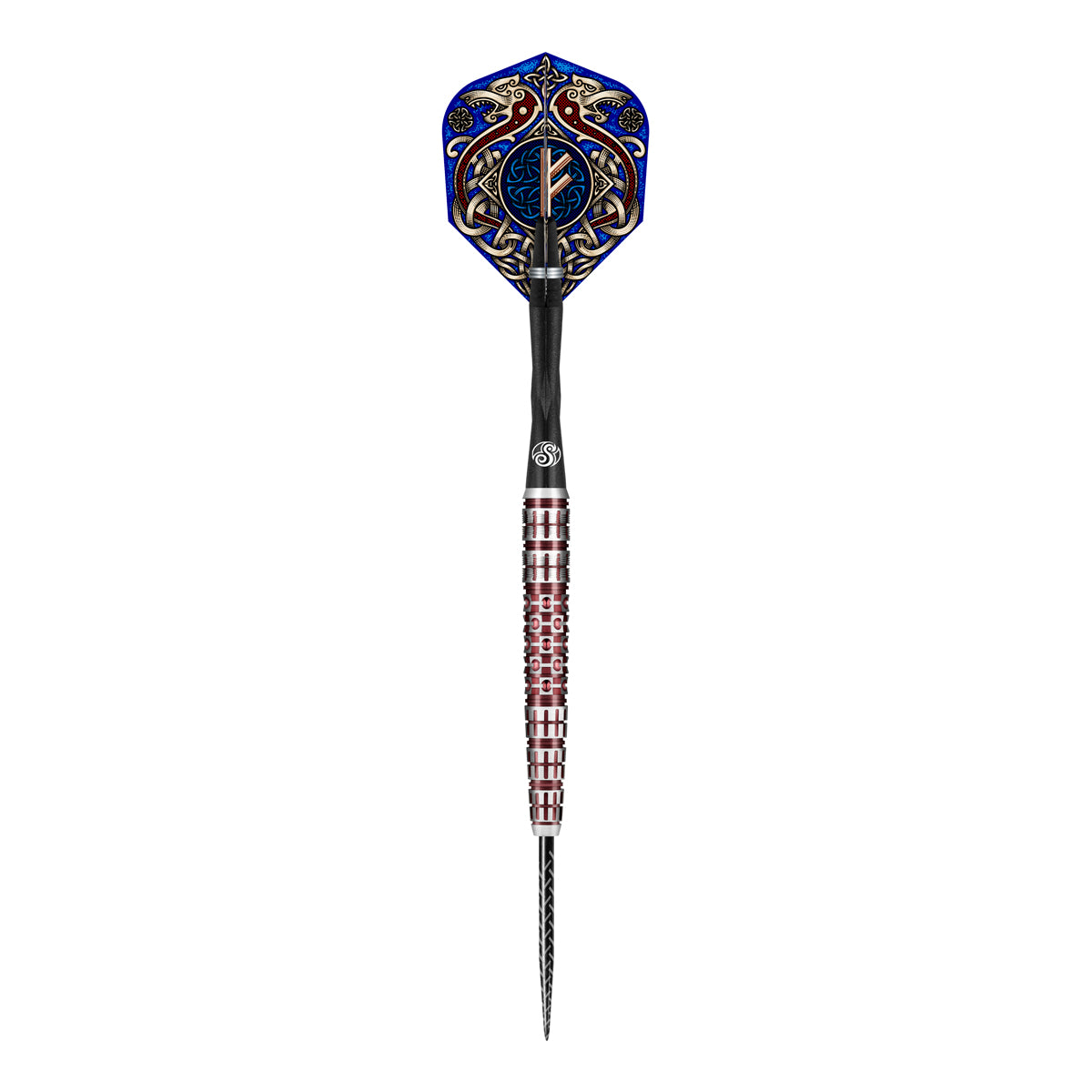 Viking Rannsaka Steel Tip Darts dynamic product image highlighting the full dart setup and barrel design