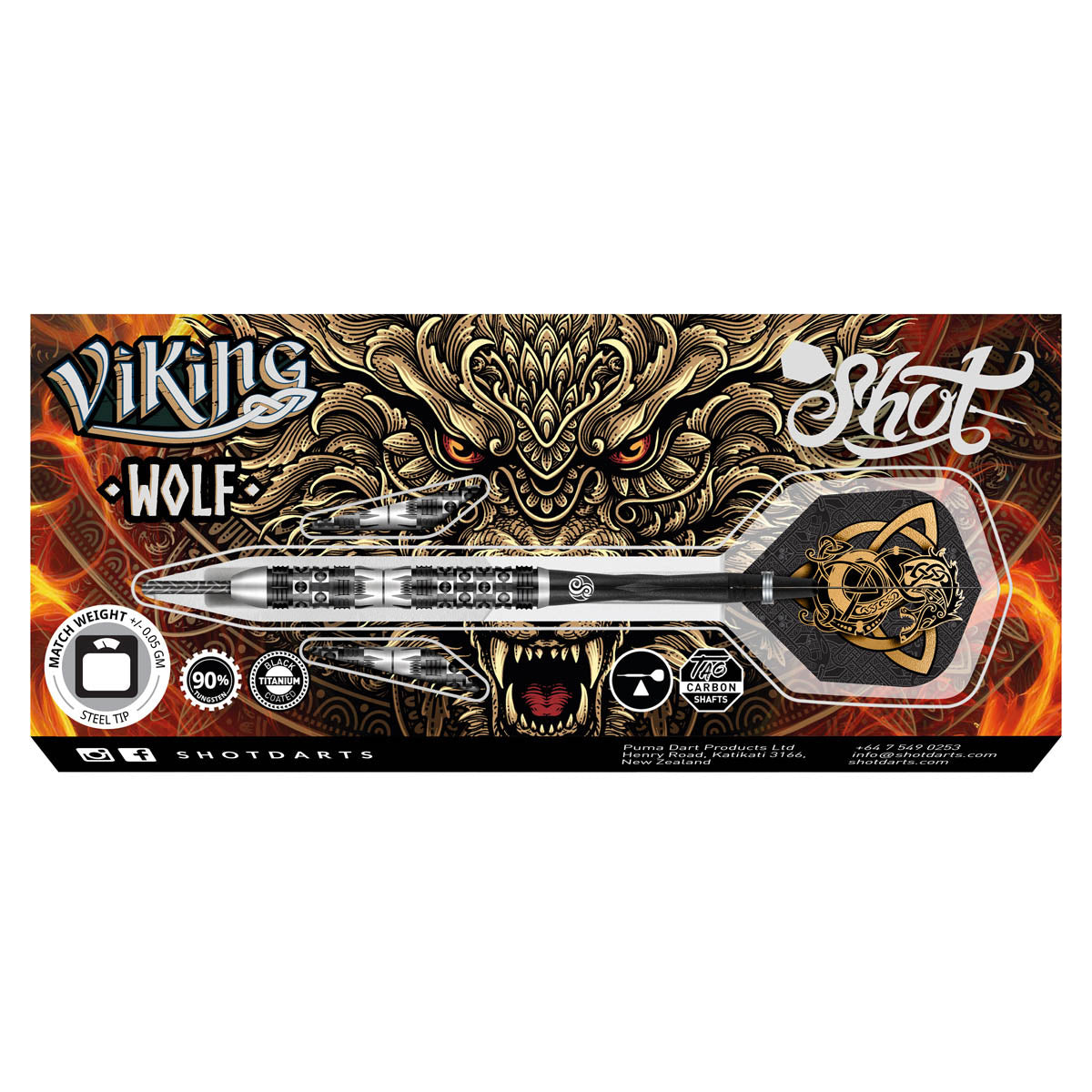 Viking Wolf Steel Tip Darts packaging image showing the retail presentation box and Shot branding