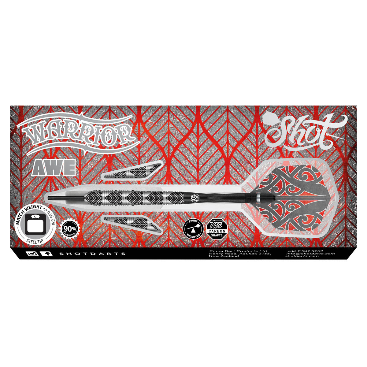 Warrior Awe Steel Tip Darts packaging image showing the retail presentation box and Shot branding