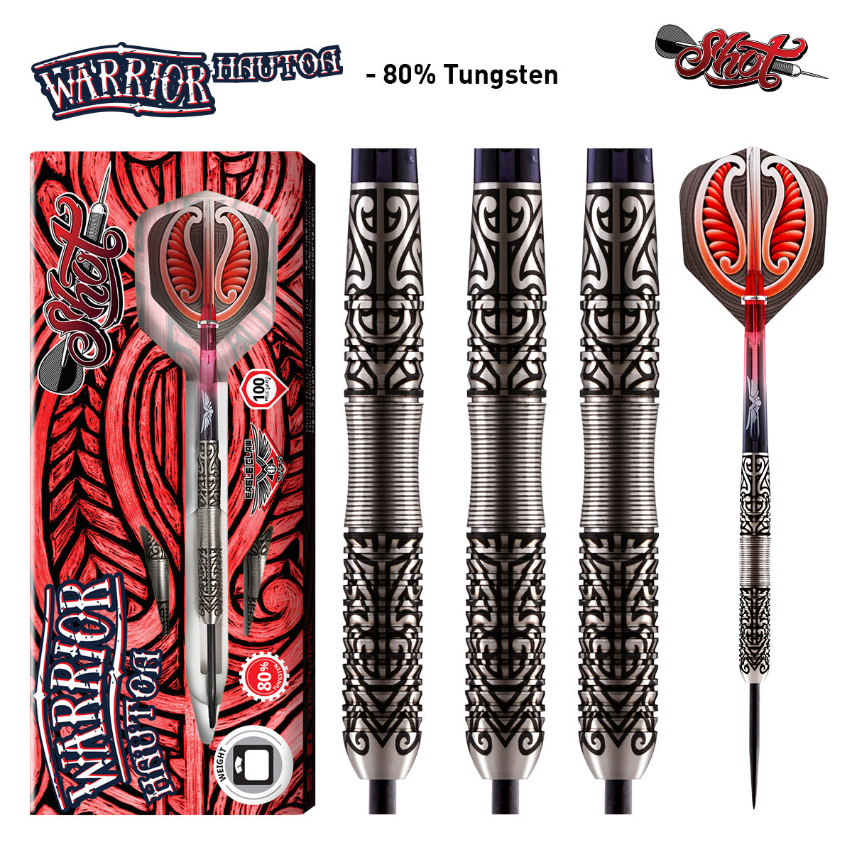 Warrior Hautoa Steel Tip Darts main product image showing the darts, packaging, flights, shafts, and included accessories