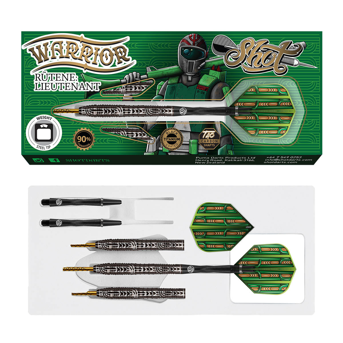 Warrior Rutene Steel Tip Darts packaging image showing the retail presentation box and Shot branding