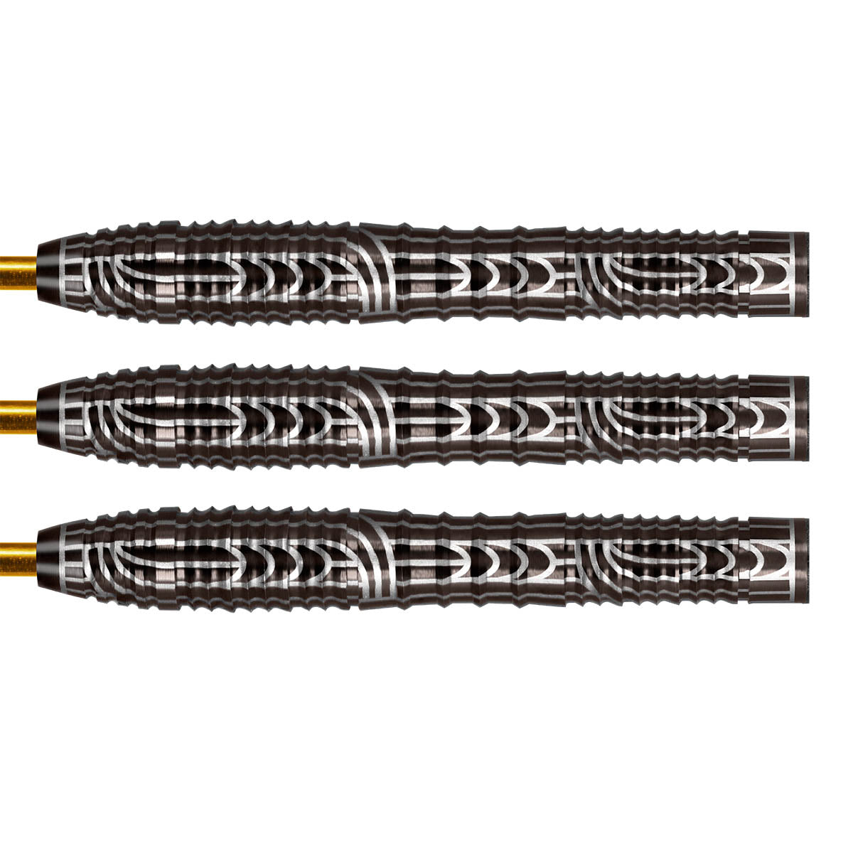 Warrior Rutene Steel Tip Darts close up image showing detailed grip patterns, machining, coating, and precision craftsmanship
