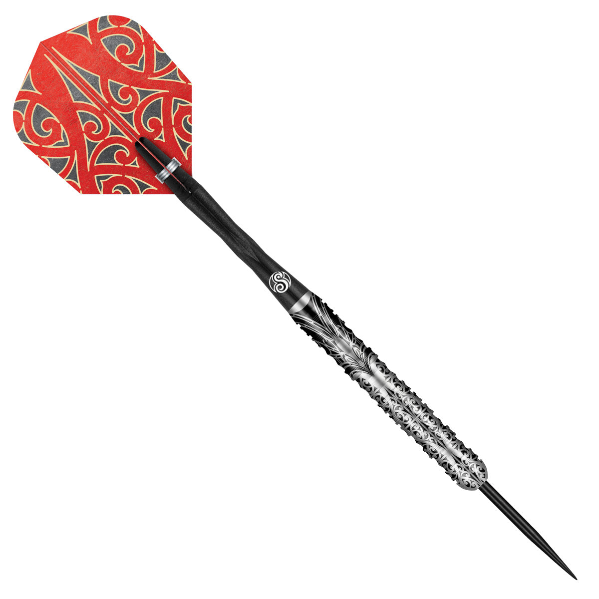 Warrior Taiaha Steel Tip Darts angled product image displaying the barrel profile, grip layout, and design features