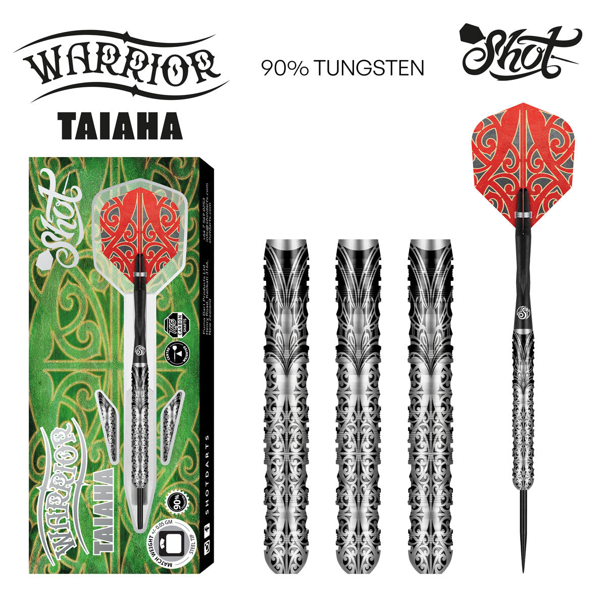 Warrior Taiaha Steel Tip Darts main product image showing the darts, packaging, flights, shafts, and included accessories