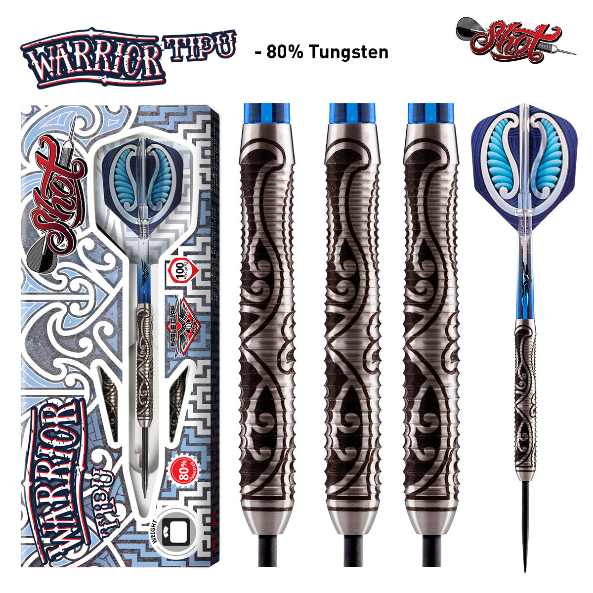 Warrior Tipu Steel Tip Darts main product image showing the darts, packaging, flights, shafts, and included accessories