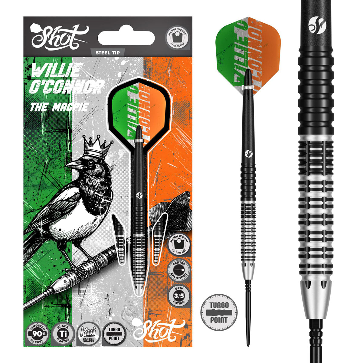 Shot Pro Series Willie O'Connor Magpie Turbo Point 90% Tungsten Steel Tip Darts