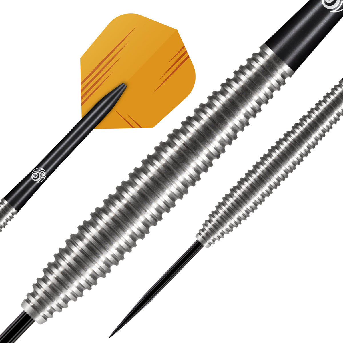 Zen Dojo Steel Tip Darts dynamic product image highlighting the full dart setup and barrel design
