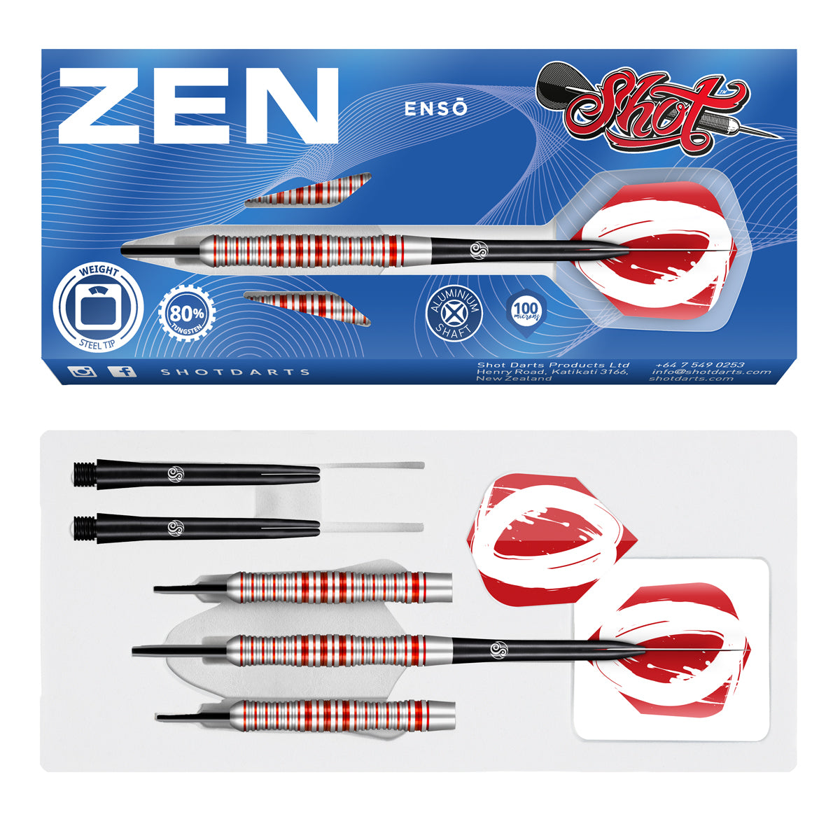 Zen Enso Steel Tip Darts packaging image showing the retail presentation box and Shot branding