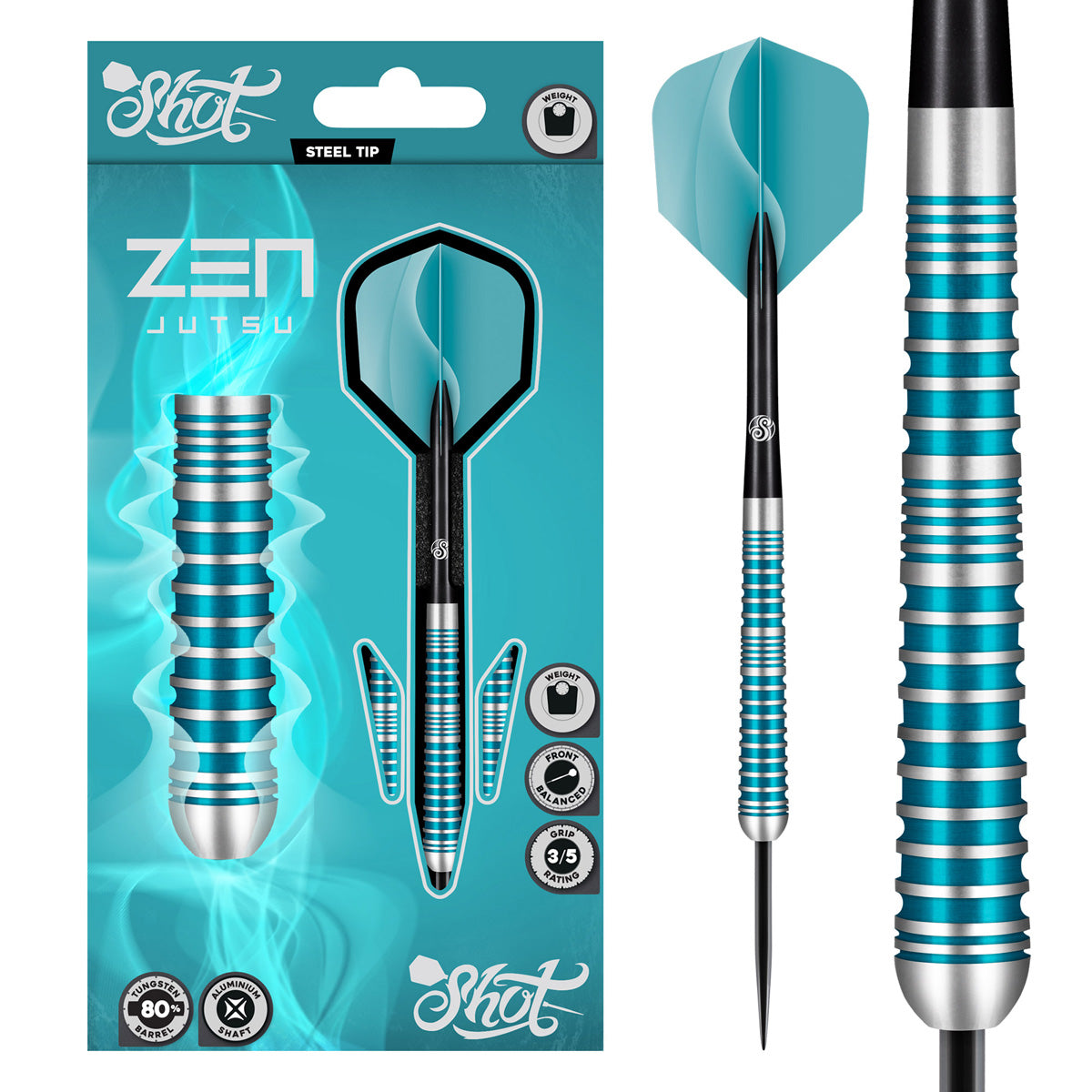 Zen Jutsu V2 Steel Tip Darts main product image showing the darts, packaging, flights, shafts, and included accessories