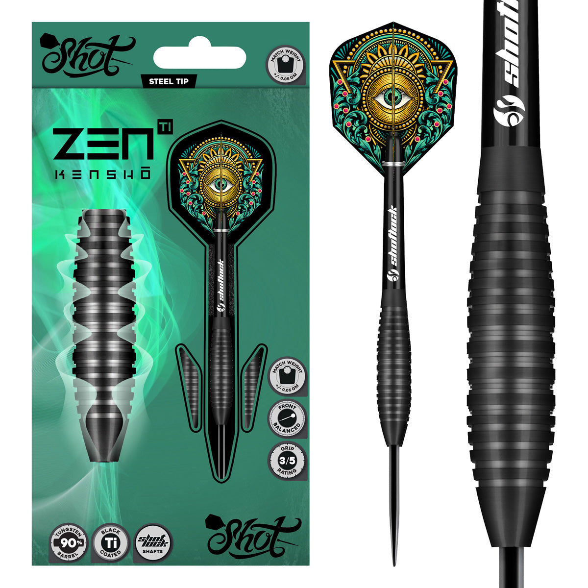 Zen Kensho Steel Tip Darts main product image showing the darts, packaging, flights, shafts, and included accessories