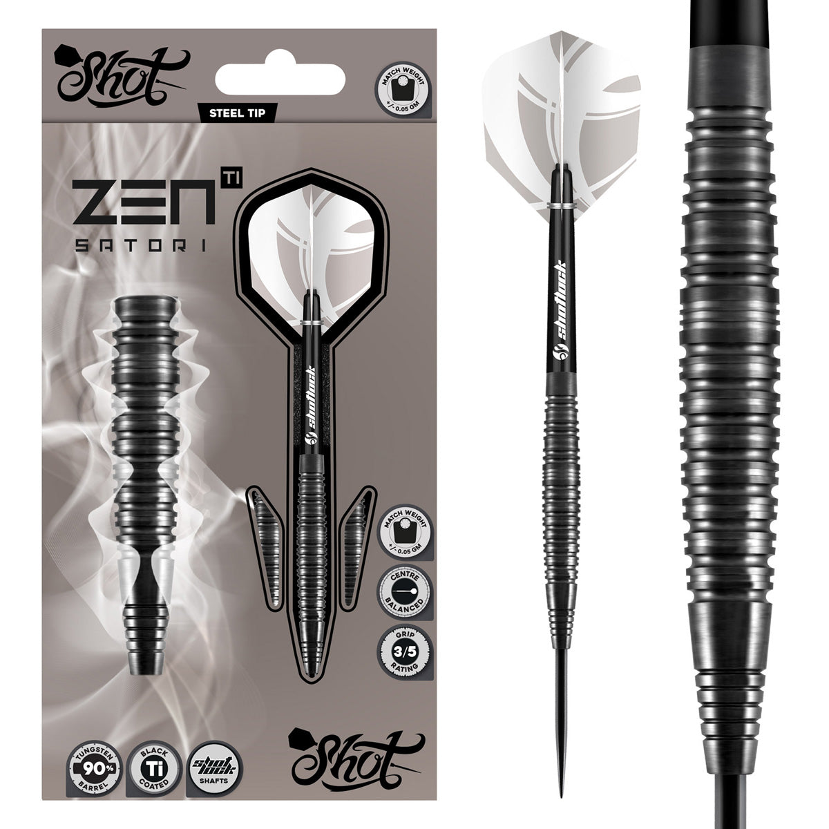 Zen Satori Steel Tip Darts main product image showing the darts, packaging, flights, shafts, and included accessories