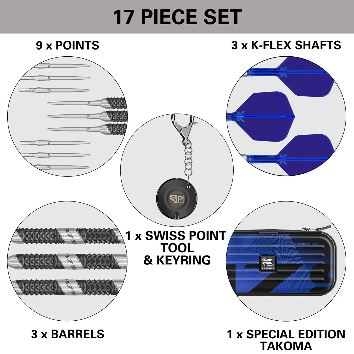 975 Ultra Marine 01 Steel Tip Darts contents image displaying everything included inside the box