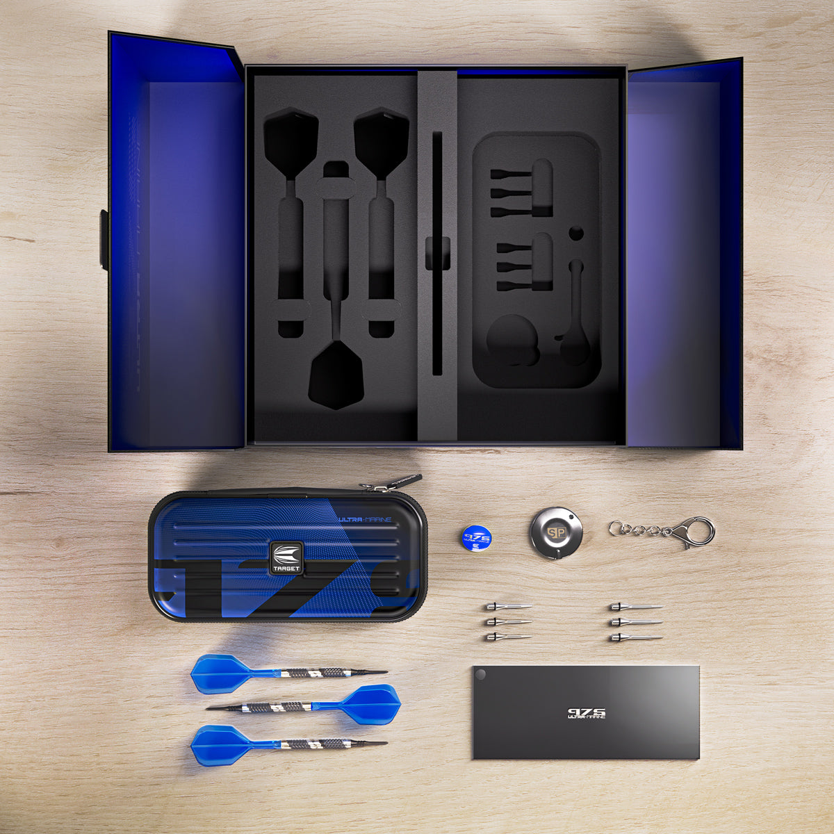 975 Ultra Marine 10 darts lifestyle image featuring a premium electronic darts setup and modern playing environment