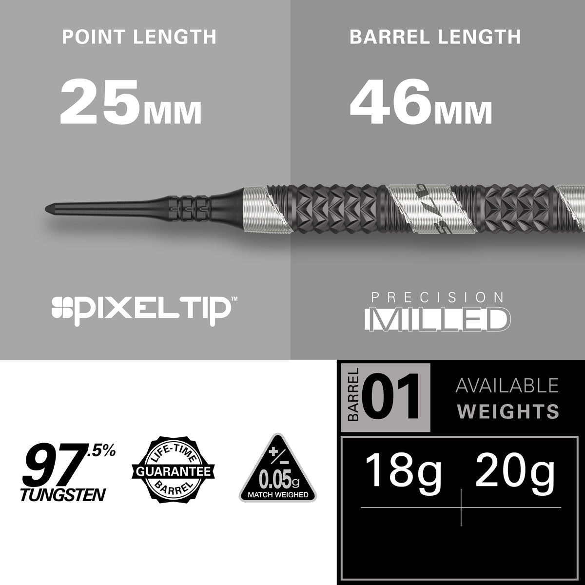 975 Ultra Marine 10 Soft Tip Darts specifications image showing barrel dimensions, weight, and technical details