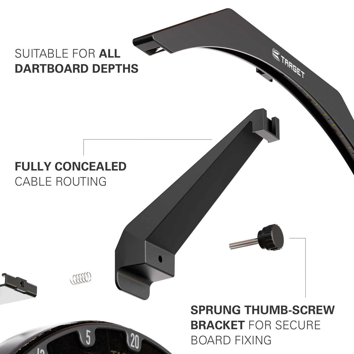 Target ARC Dartboard Light product image showing how the lighting system comes together and the different parts