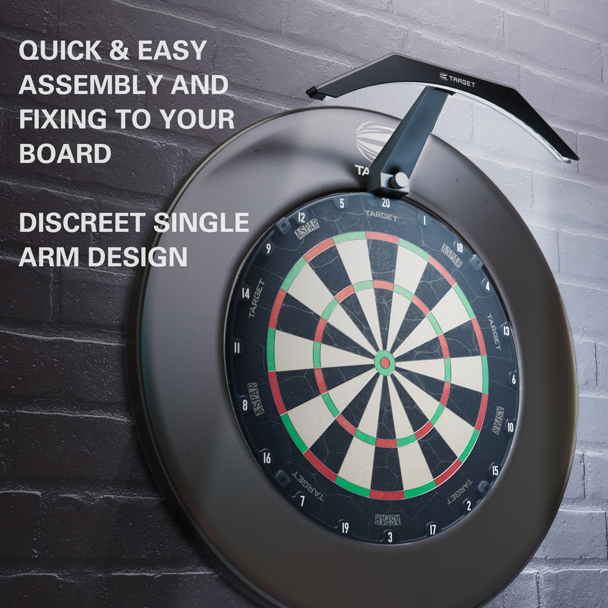 Target ARC Dartboard Light lifestyle image showing the lighting system installed in a real world darts setup and ready for play