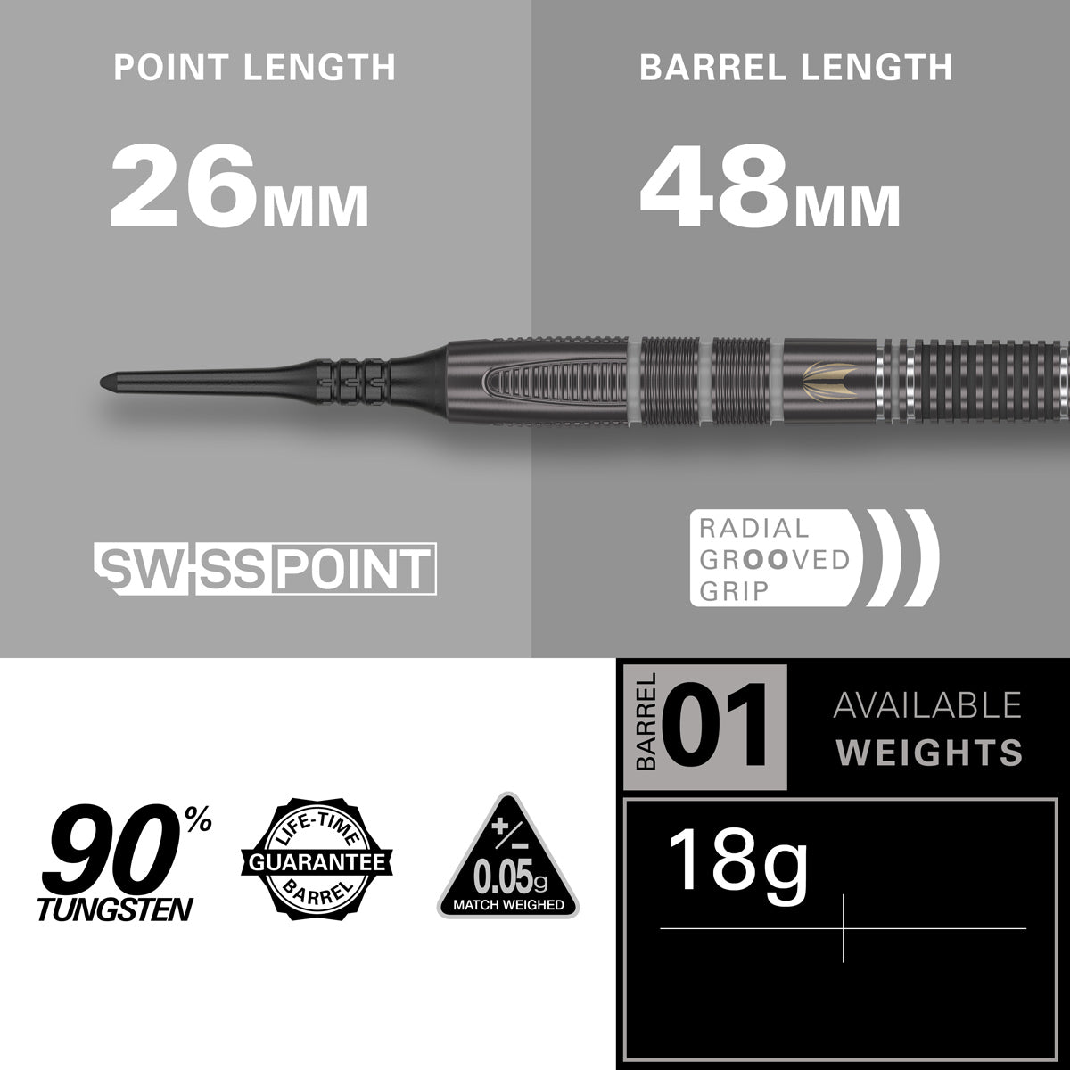 Aspinall X Echo Soft Tip Darts specifications image showing barrel dimensions, weight, and technical details