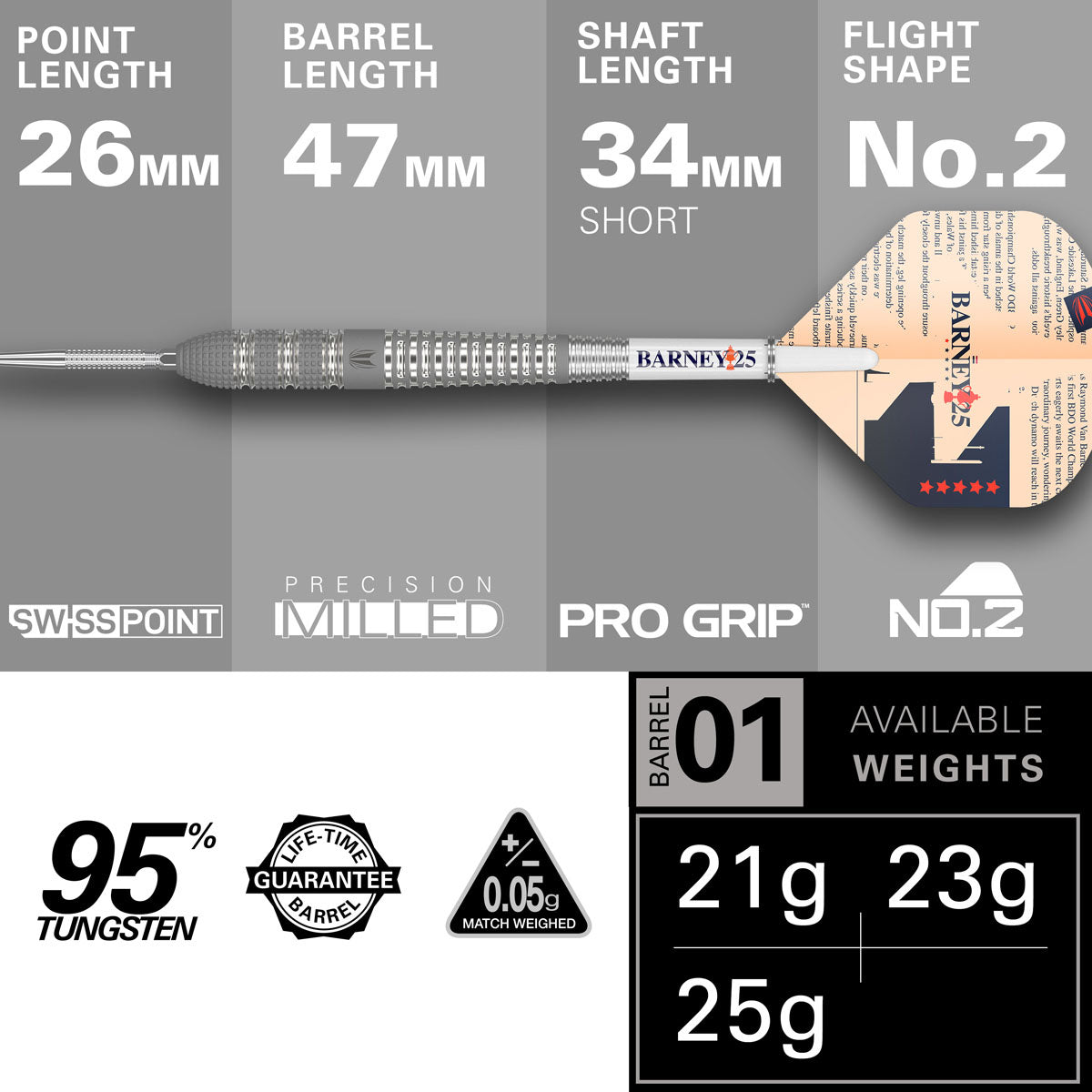 Barney 25 Steel Tip Darts specifications image showing barrel dimensions, weight, and technical details